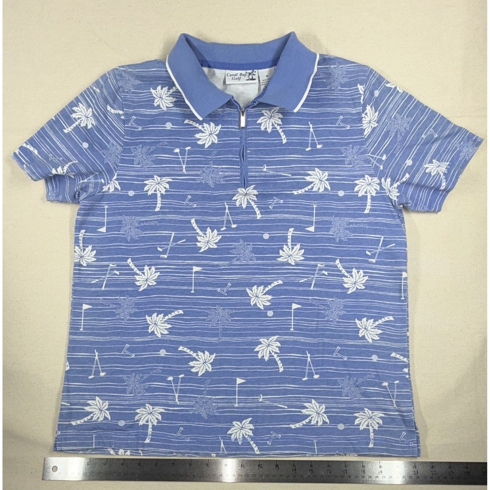 Coral Bay Golf Women's 1/4 Zip Palm Tree Print Polo Short Sleeve Blue M